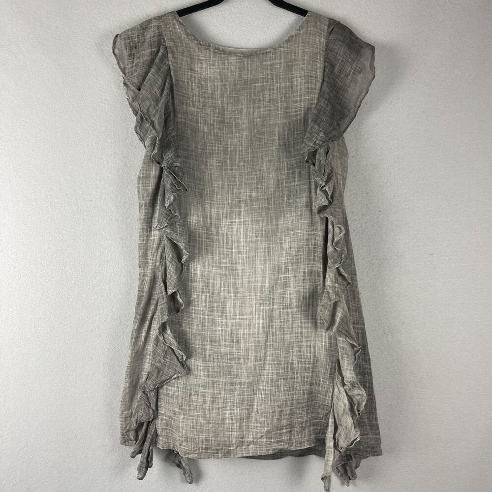 Koch Ruffle Mini Dress Womens Small Taupe Gray Shift Sleeveless Cotton Minimal